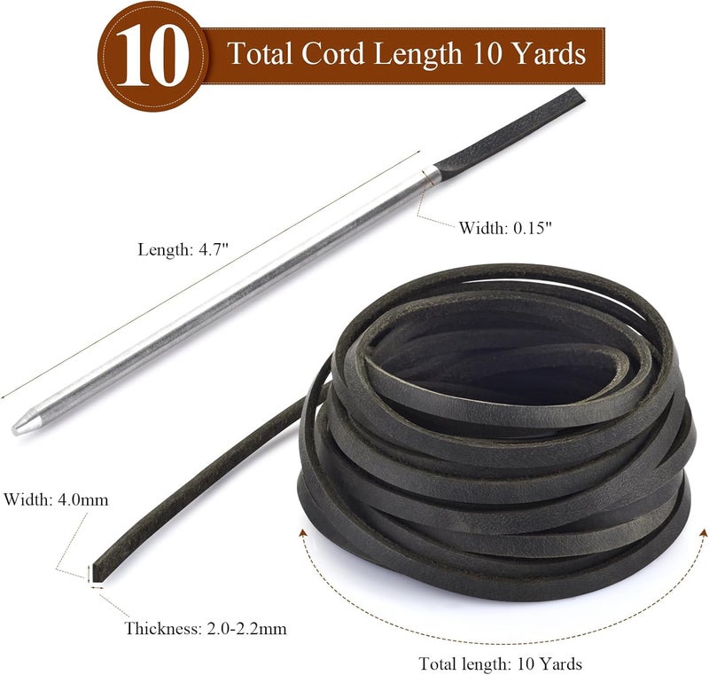 TeeLiy 10 Yards Flat Genuine Leather Laces, Leather Strips Cord, Full Grain Cowhide Straps String for Braided, Braiding, Shoes, Jewelry Making and Craft (4MM_Dark Green_1 Lacing Needle) - Image 2